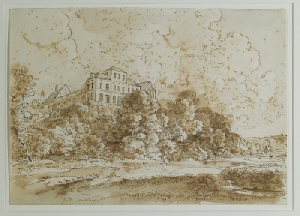  Johann Georg von Dillis: Ansicht von Schloss Harlaching, braune Feder, Aquarell