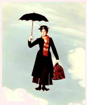 Das Bild aus dem Disney Film Mary Poppins von 1964 zeigt Mary Poppins, wie sie 1910 mit ihrer Tasche auf Reisen ist.