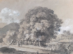 Johann Georg von Dillis:"Lanschaft bei Dietramszell 1807", Kreide, Aquarell weiß gehöht auf grau-braunem Papier